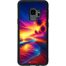 Coque Samsung Galaxy S9 - Silicone rigide noir Plage coucher soleil flashy