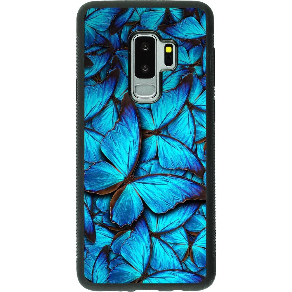 Coque Samsung Galaxy S9+ - Silicone rigide noir Papillon - Bleu