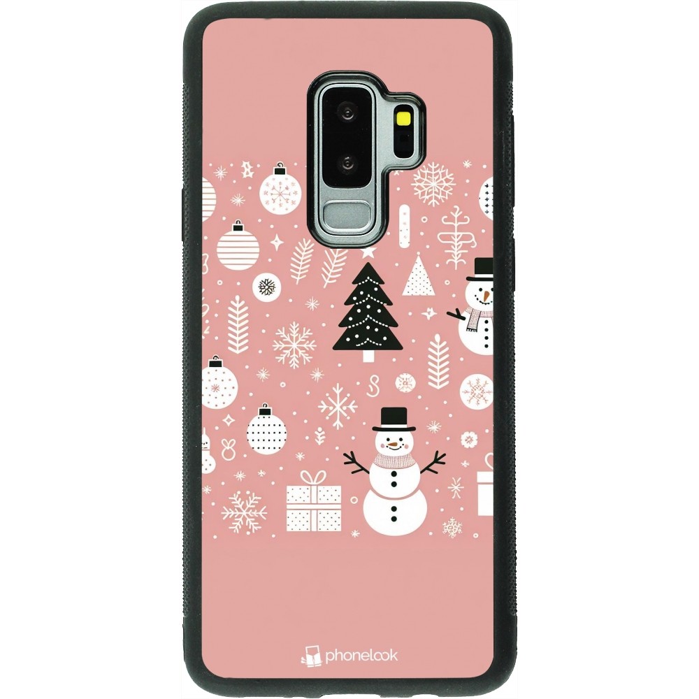 Coque Samsung Galaxy S9+ - Silicone rigide noir Noël 2024 Rose Snowman Christmas