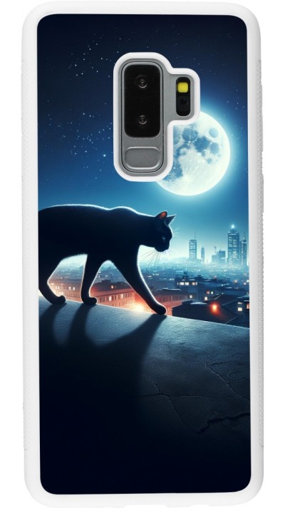Coque Samsung Galaxy S9+ - Silicone rigide blanc Chat noir sous la pleine lune