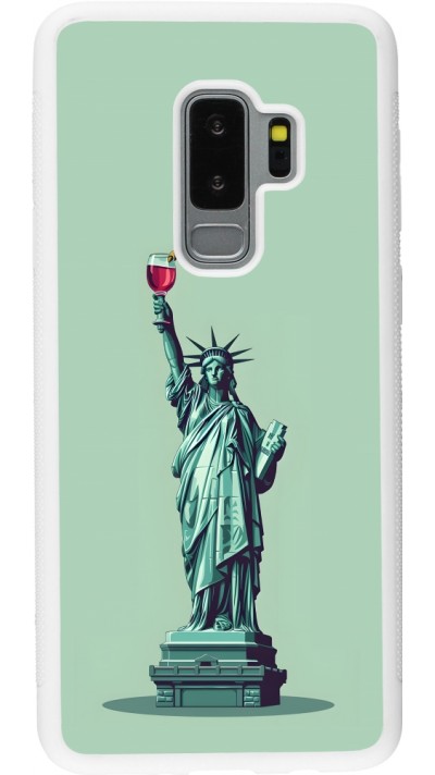 Coque Samsung Galaxy S9+ - Silicone rigide blanc Wine Statue de la liberté avec un verre de vin