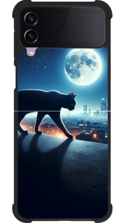 Coque Samsung Galaxy Z Flip3 5G - Silicone rigide noir Chat noir sous la pleine lune