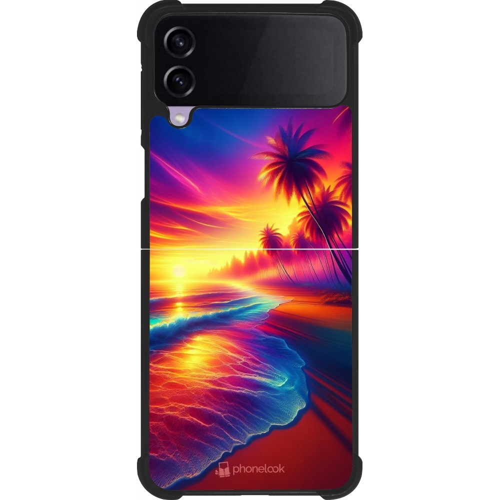 Coque Samsung Galaxy Z Flip3 5G - Silicone rigide noir Plage coucher soleil flashy