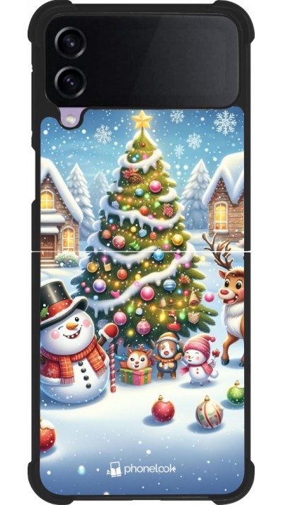 Coque Samsung Galaxy Z Flip3 5G - Silicone rigide noir Noël 2023 bonhomme de neige et sapin
