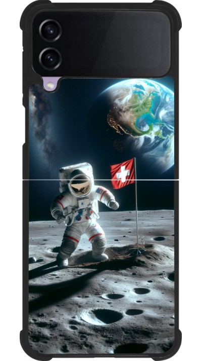 Coque Samsung Galaxy Z Flip4 - Silicone rigide noir Astro Suisse sur lune