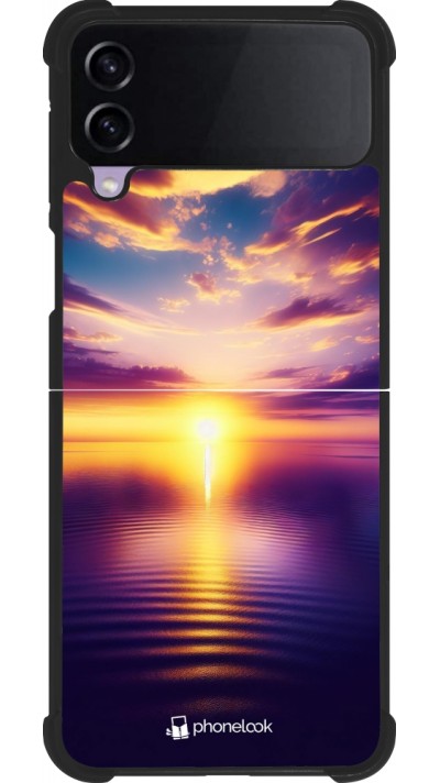 Coque Samsung Galaxy Z Flip4 - Silicone rigide noir Coucher soleil jaune violet