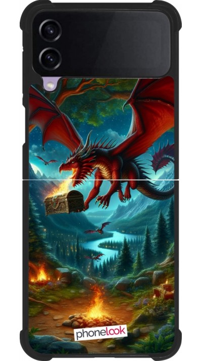 Coque Samsung Galaxy Z Flip4 - Silicone rigide noir Dragon Volant Forêt Trésor
