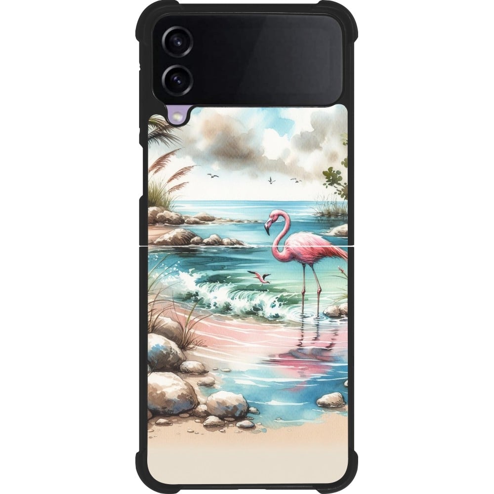Coque Samsung Galaxy Z Flip4 - Silicone rigide noir Flamant rose aquarelle