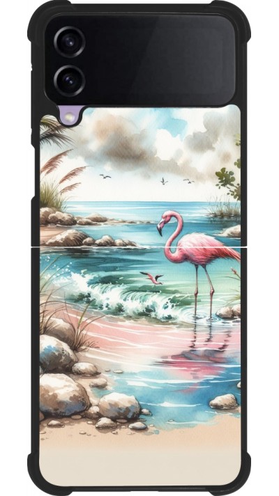Coque Samsung Galaxy Z Flip4 - Silicone rigide noir Flamant rose aquarelle