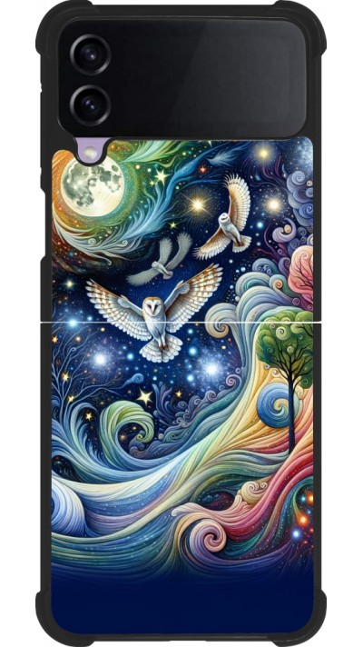 Coque Samsung Galaxy Z Flip4 - Silicone rigide noir hibou volant floral