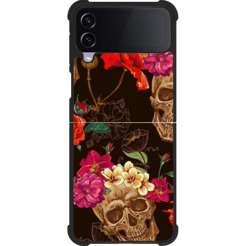 Samsung Galaxy Z Flip4 Case Hülle - Silikon schwarz Skulls and flowers