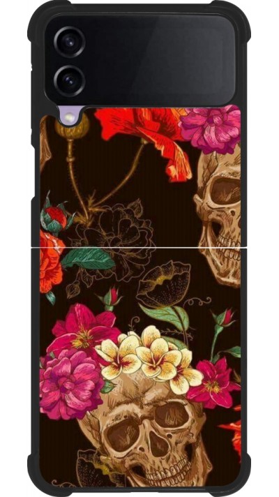 Samsung Galaxy Z Flip4 Case Hülle - Silikon schwarz Skulls and flowers