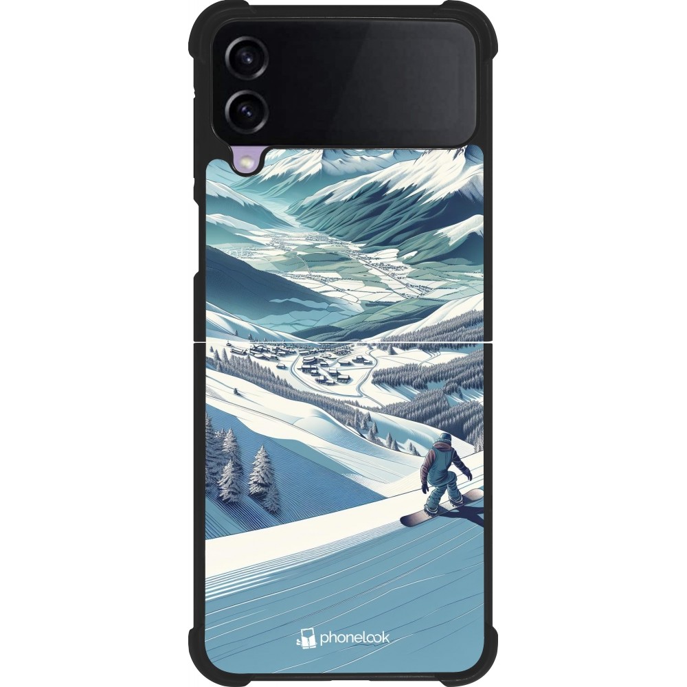 Coque Samsung Galaxy Z Flip4 - Silicone rigide noir Snowboarder Montagne