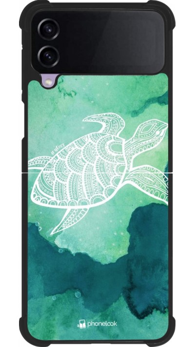 Coque Samsung Galaxy Z Flip4 - Silicone rigide noir Turtle Aztec Watercolor