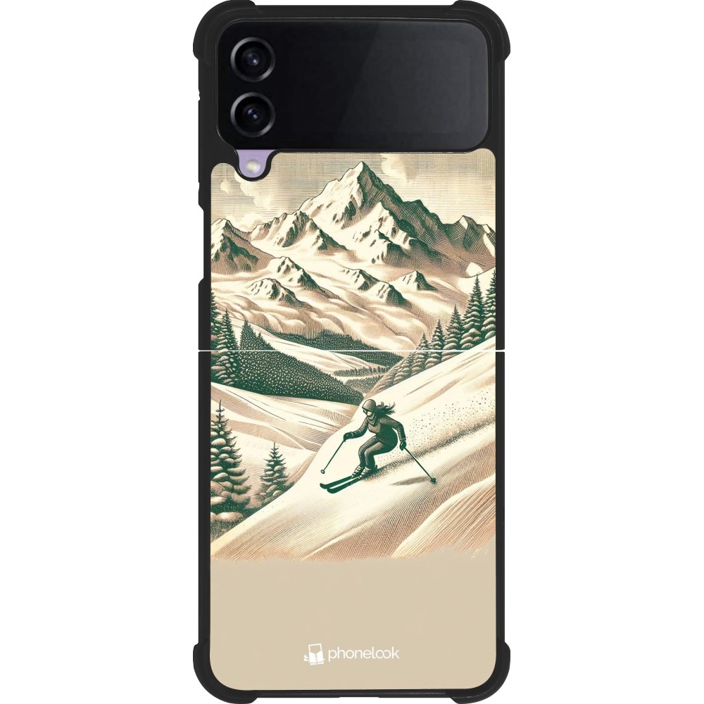 Coque Samsung Galaxy Z Flip4 - Silicone rigide noir Vintage Ski Mountain