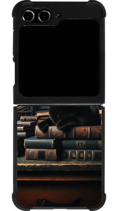 Coque Samsung Galaxy Z Flip5 - Silicone rigide noir Chat livres sombres