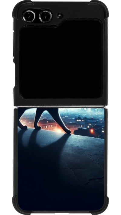 Coque Samsung Galaxy Z Flip5 - Silicone rigide noir Chat noir sous la pleine lune