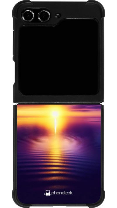 Coque Samsung Galaxy Z Flip5 - Silicone rigide noir Coucher soleil jaune violet