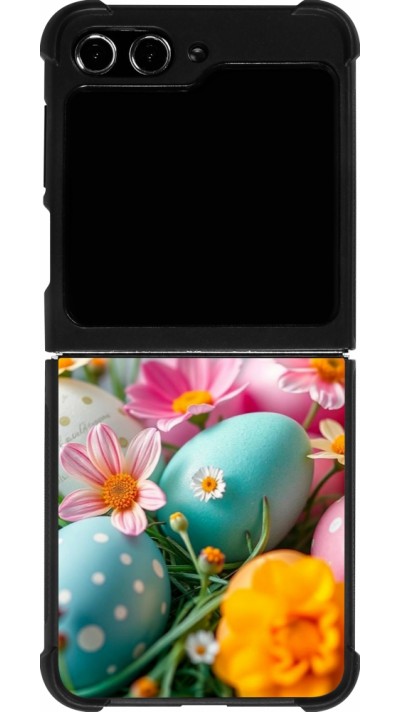 Coque Samsung Galaxy Z Flip5 - Silicone rigide noir Easter 2026 Eggs with flowers