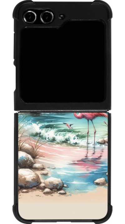 Coque Samsung Galaxy Z Flip5 - Silicone rigide noir Flamant rose aquarelle