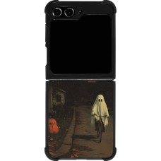 Coque Samsung Galaxy Z Flip5 - Silicone rigide noir Halloween 2025 Ghost on a bicycle