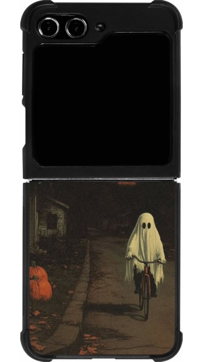 Coque Samsung Galaxy Z Flip5 - Silicone rigide noir Halloween 2025 Ghost on a bicycle
