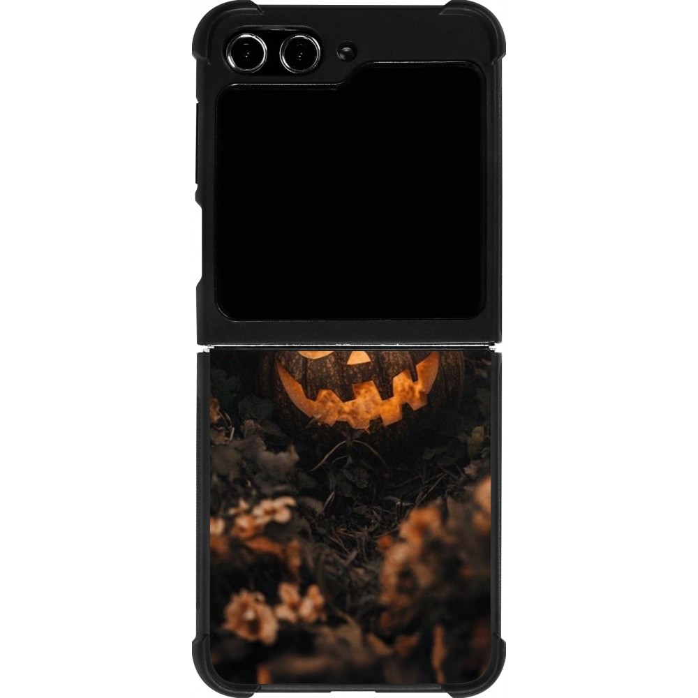 Coque Samsung Galaxy Z Flip5 - Silicone rigide noir Halloween 2025 Pumpkin with flowers
