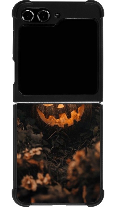 Coque Samsung Galaxy Z Flip5 - Silicone rigide noir Halloween 2025 Pumpkin with flowers