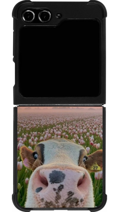 Coque Samsung Galaxy Z Flip5 - Silicone rigide noir Cow with tulips Spring 2026