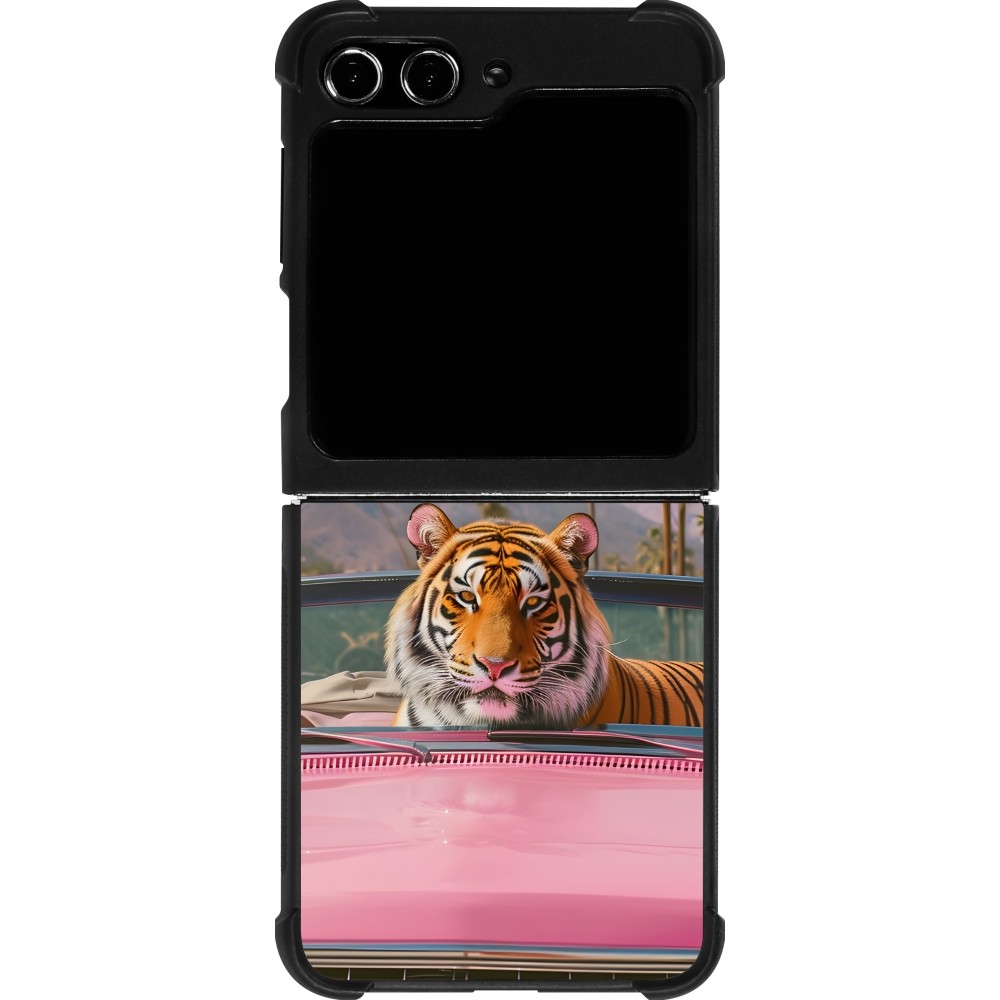 Coque Samsung Galaxy Z Flip5 - Silicone rigide noir Tigre voiture rose