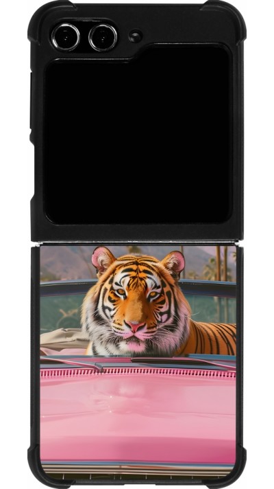 Coque Samsung Galaxy Z Flip5 - Silicone rigide noir Tigre voiture rose