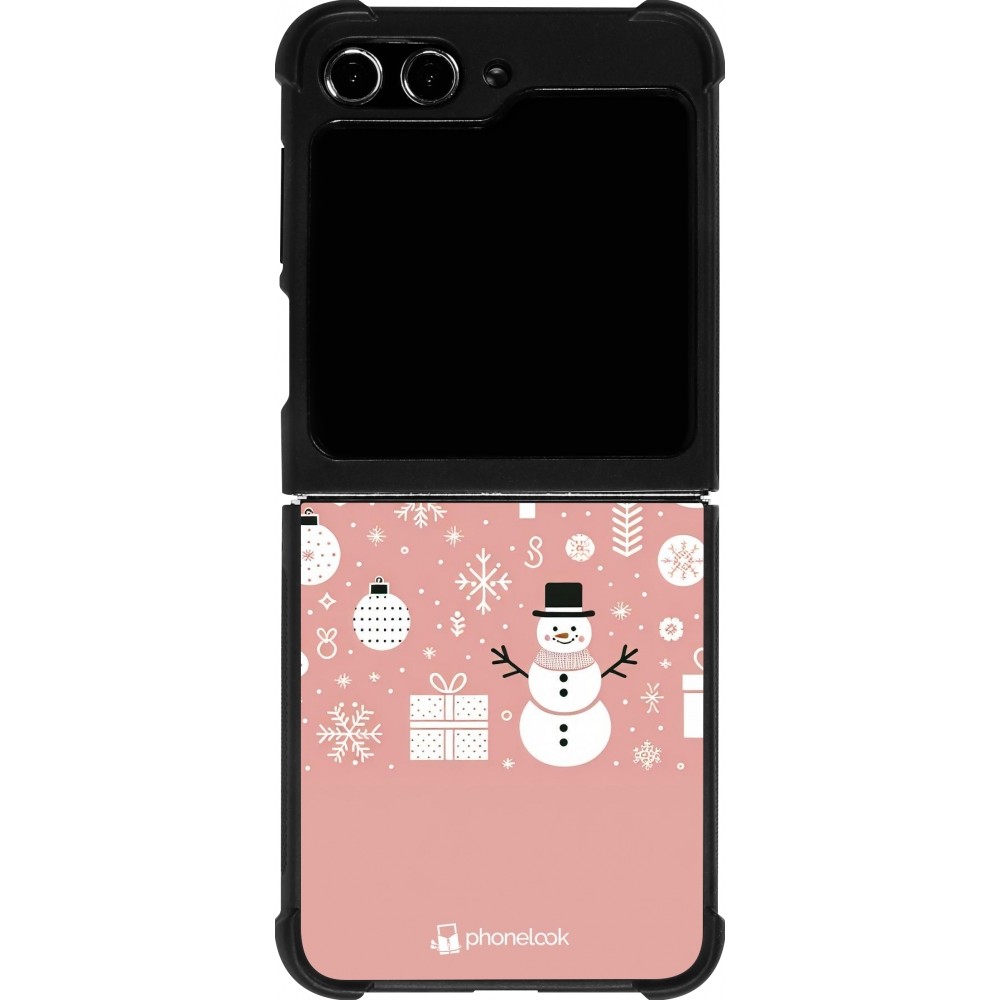 Coque Samsung Galaxy Z Flip5 - Silicone rigide noir Noël 2024 Rose Snowman Christmas