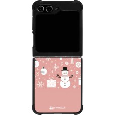 Coque Samsung Galaxy Z Flip5 - Silicone rigide noir Noël 2024 Rose Snowman Christmas