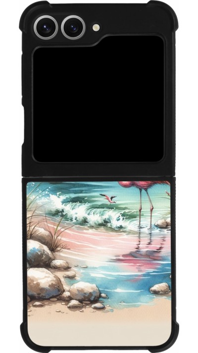 Coque Samsung Galaxy Z Flip6 - Silicone rigide noir Flamant rose aquarelle