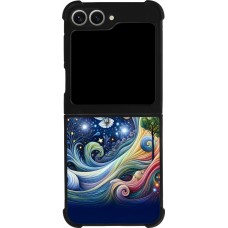 Coque Samsung Galaxy Z Flip6 - Silicone rigide noir hibou volant floral