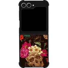 Coque Samsung Galaxy Z Flip6 - Silicone rigide noir Skulls and flowers