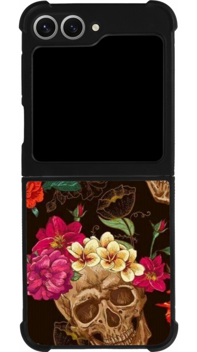 Coque Samsung Galaxy Z Flip6 - Silicone rigide noir Skulls and flowers