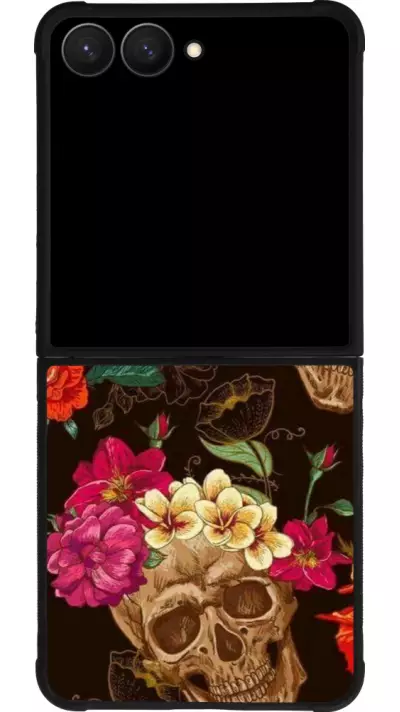 Coque Samsung Galaxy Z Flip7 - Silicone rigide noir Skulls and flowers
