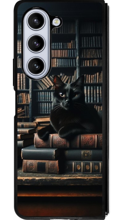 Coque Samsung Galaxy Z Fold5 - Silicone rigide noir Chat livres sombres