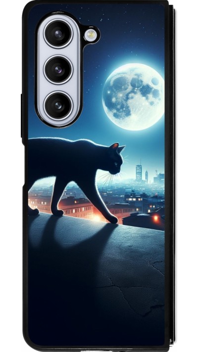 Coque Samsung Galaxy Z Fold5 - Silicone rigide noir Chat noir sous la pleine lune