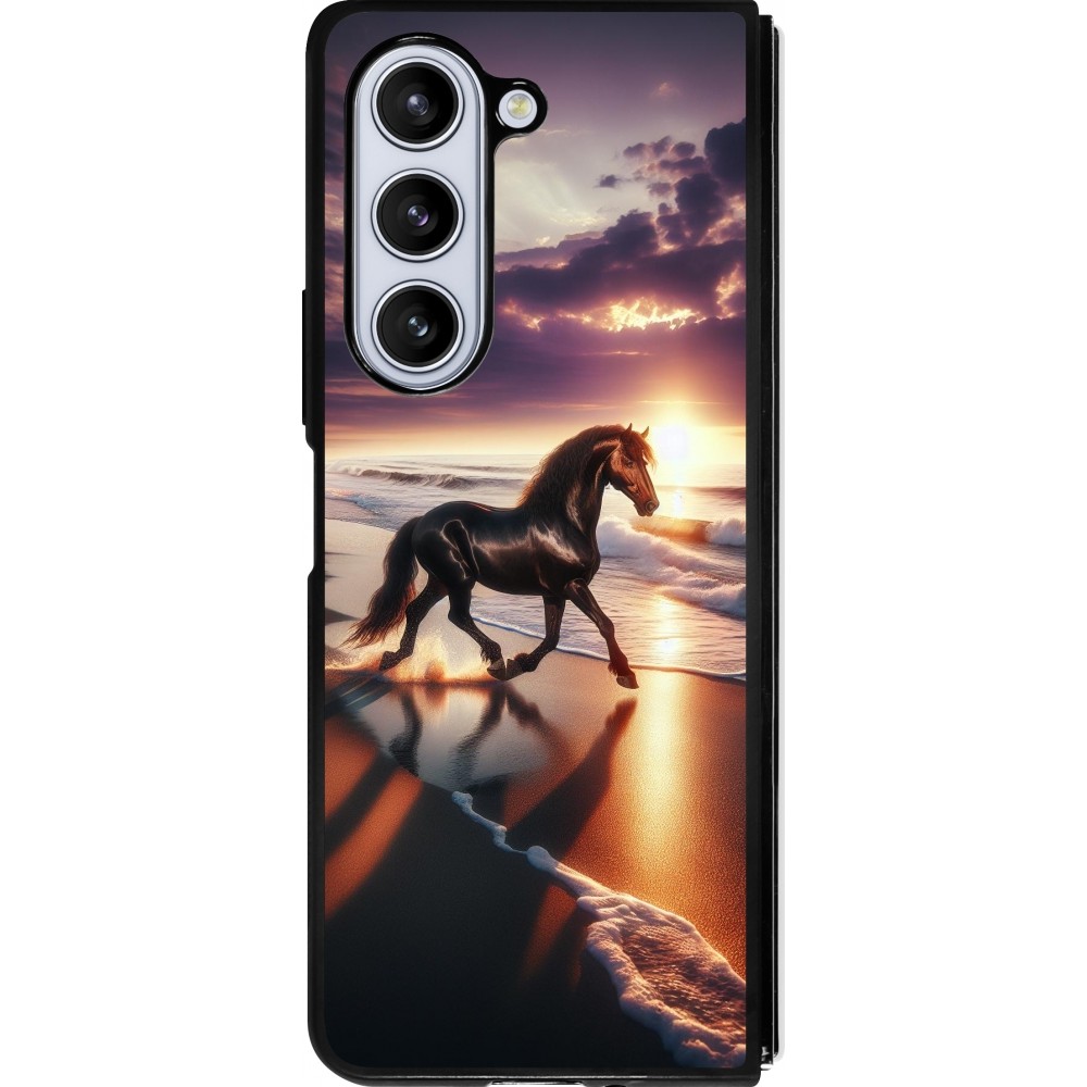 Coque Samsung Galaxy Z Fold5 - Silicone rigide noir Cheval majestueux plage