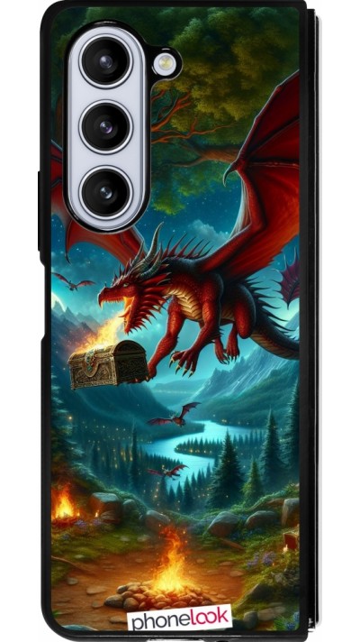 Coque Samsung Galaxy Z Fold5 - Silicone rigide noir Dragon Volant Forêt Trésor
