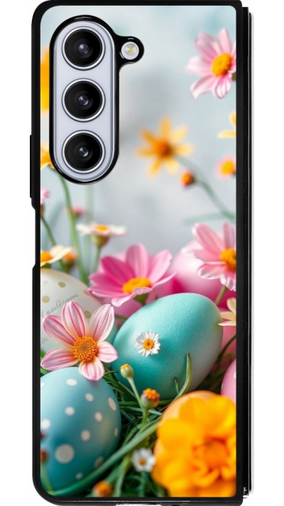 Coque Samsung Galaxy Z Fold5 - Silicone rigide noir Easter 2026 Eggs with flowers