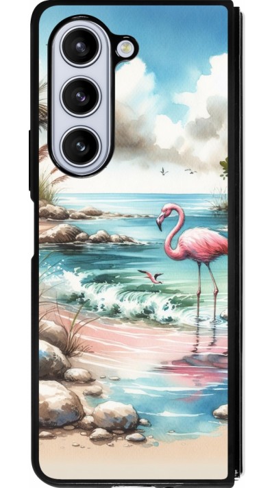 Coque Samsung Galaxy Z Fold5 - Silicone rigide noir Flamant rose aquarelle