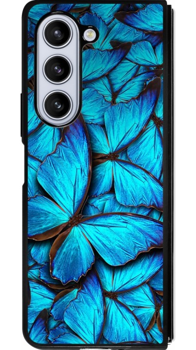 Coque Samsung Galaxy Z Fold5 - Silicone rigide noir Papillon bleu