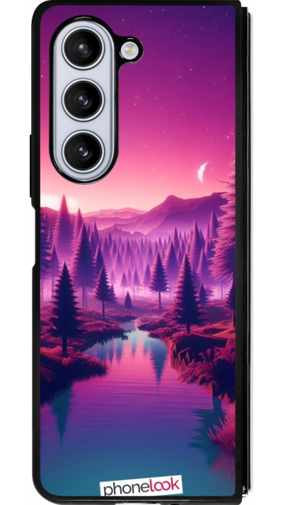 Coque Samsung Galaxy Z Fold5 - Silicone rigide noir Paysage Violet-Rose