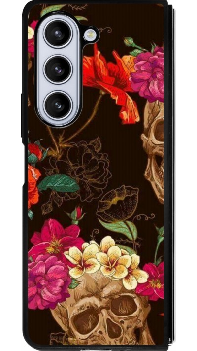 Coque Samsung Galaxy Z Fold5 - Silicone rigide noir Skulls and flowers