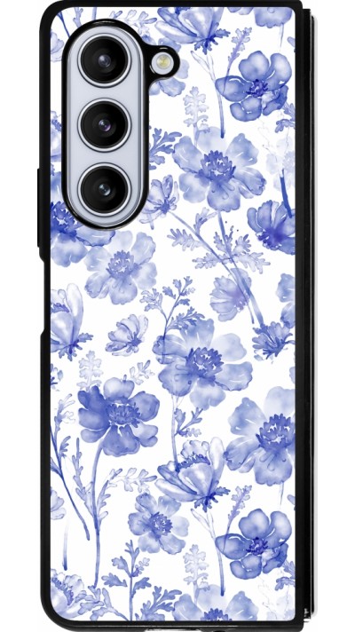 Coque Samsung Galaxy Z Fold5 - Silicone rigide noir Spring 23 watercolor blue flowers