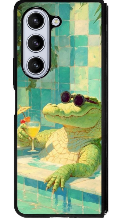 Coque Samsung Galaxy Z Fold5 - Silicone rigide noir Crocodile in the swimming pool Summer 2026