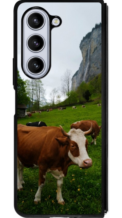 Coque Samsung Galaxy Z Fold5 - Silicone rigide noir Fête Nationale Suisse Vaches